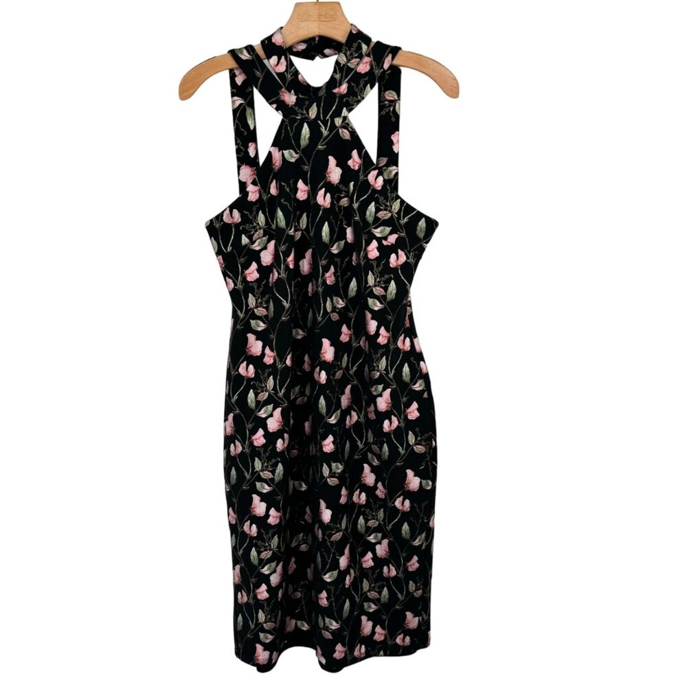 Bebe Floral Print  Halter Black & Pink metallic floral Midi Dress size 12 womens